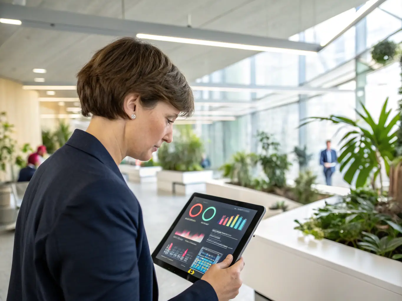 An SME owner reviewing AI-generated reports on a tablet, with a focus on growth opportunities and operational efficiencies.