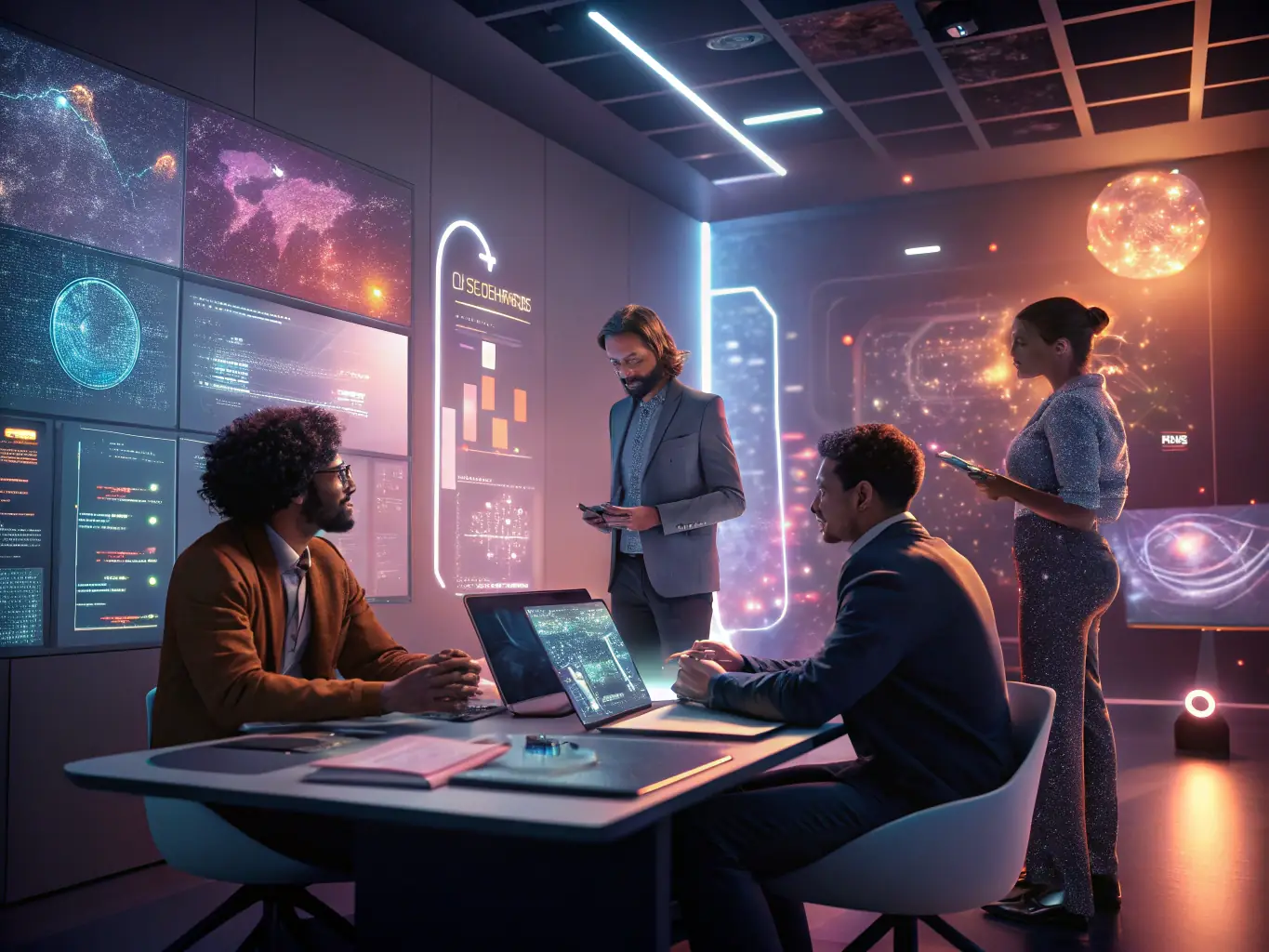 A dynamic startup team collaborating around a holographic display showing AI-optimized strategies, representing innovation and strategic planning.