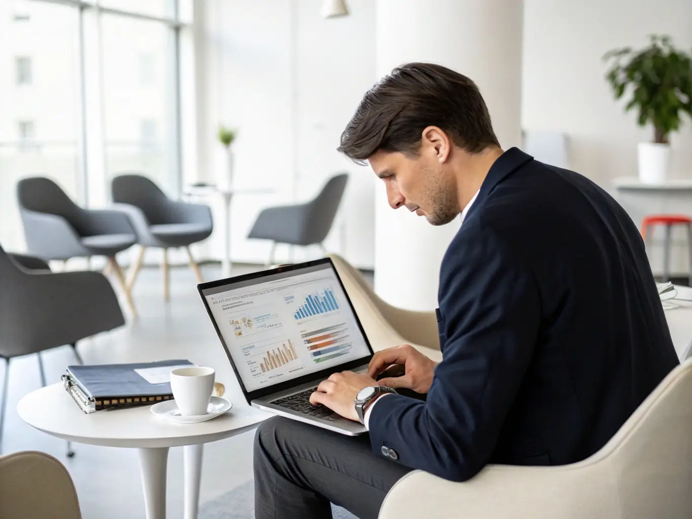 A professional individual using an AI-powered career guidance tool on a laptop, with charts and graphs in the background, symbolizing data-driven career decisions.