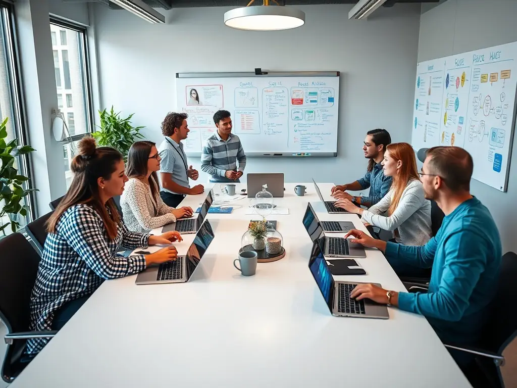 A startup team collaborating on strategy, using Grow-X.ai's AI-driven insights to optimize their business plan and secure funding.